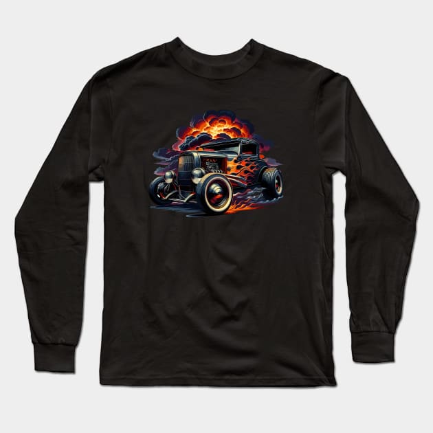 Explosive Flaming Hot Rod with Flames Paint Job Custom Car Retro Style Hot Rod Vintage Custom Car Long Sleeve T-Shirt by Tees 4 Thee